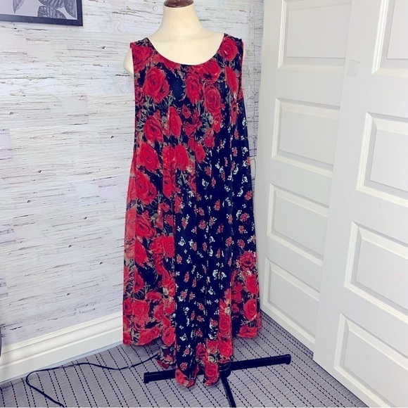 CROCUS Black Red Floral Chiffon Shift Dress Asymmetrical Lagen Look Free Size - Picture 12 of 12